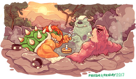 alcohol anthro beverage breath fangs fur grin group hair horn hot_spring male plant red_hair sake shell sigh smile spiked_shell spikes spikes_(anatomy) steam sun teeth tree trio water wet wet_body wet_fur wet_hair scrotumnose disney mario_bros monsters_inc nintendo pixar the_boy_and_the_beast bowser kumatetsu sulley bear koopa mammal scalie