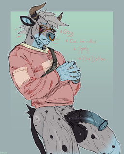 2_horns 5_fingers animal_genitalia animal_penis anthro balls big_balls big_penis biped black_balls black_genitals black_penis blue_body blue_fur blue_genitals blue_penis blush bodily_fluids bottomless bottomless_anthro bottomless_male brown_horn clothed clothing dripping equine_genitalia equine_penis erection eyewear facial_piercing fingers flared_penis fur genital_fluids genitals glasses grey_body grey_fur grey_hair hair half-erect hoodie horn horn_jewelry horn_ring jewelry looking_at_viewer male male_anthro markings medial_ring multicolored_genitals multicolored_penis muscular nose_piercing nose_ring partially_clothed penis piercing pink_clothing pink_topwear precum precum_drip red_eyes ring ring_(jewelry) ring_piercing septum_piercing septum_ring shirt simple_background solo spots spotted_body standing sweat sweater tail text topwear tuft vein veiny_penis milajanh bovid bovine cattle mammal 2025 absurd_res digital_media_(artwork) english_text hi_res