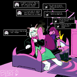 3_toes 5_toes anthro barefoot bed bedroom blush blush_stickers boots_removed claws dialogue dialogue_box duo feet female foot_focus forniphilia furniture humanoid_feet living_footstool male male/female musk on_bed plantigrade shoes_removed sitting sitting_on_bed smelly smelly_feet smelly_shoes smile smirk soles stink_fumes text text_box toe_claws toes yellow_toe_claws blarf022 deltarune undertale_(series) ralsei susie_(deltarune) bovid caprine darkner dinosaur goat mammal prehistoric_species reptile scalie 1:1 2025 absurd_res english_text hi_res