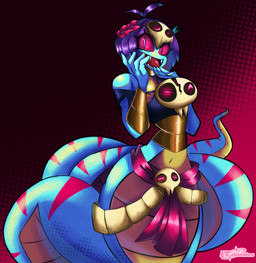 apode black_background blue_body clothing dotted_background fangs female gradient_background grey_body hair humanoid_hands legless long_tail looking_at_viewer navel non-mammal_navel open_mouth pattern_background pink_eyes purple_hair red_background scales serpentine simple_background skull_accessory solo tail teeth topwear torn_clothing torn_topwear it_doodles mancy_(wonder-waffle) draconcopode naga reptile scalie snake viper 2025 digital_drawing_(artwork) digital_media_(artwork) english_description hi_res