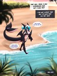 2018 anthro barely_visible_genitalia beach big_breasts big_forearms big_hands bikini black_tail blue_hair bottomless breasts cetacean cleavage clenched_teeth clothed clothing comic countershade_face countershade_tail countershade_torso countershading digital_media_(artwork) dolphin dragon embarrassed english_text female forearms genitals hair hi_res hybrid mammal marine membrane_(anatomy) membranous_wings midriff multicolored_hair mythological_creature mythological_scalie mythology navel oceanic_dolphin orca outside palm_tree partially_submerged penelope_(rainbowscreen) plant pussy rainbowscreen sand scalie seaside solo speech_bubble swimwear tail teeth text thick_tail toothed_whale tree two-piece_swimsuit two_tone_hair two_tone_tail water white_body white_countershading white_hair white_tail wings