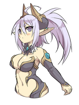 blush female horn navel not_furry purple_eyes simple_background solo white_background mofuaki elf humanoid 2015 3:4