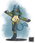 areola breasts clothing egyptian egyptian_clothing female holowear_(pokemon) jewelry metal_bands nipple_piercing nipples piercing pose raised_leg rock short_stack solo spikes tan_areola tan_nipples terryeternity nintendo pokemon pokemon_unite ruins_style_lucario generation_4_pokemon lucario pokemon_(species) hi_res