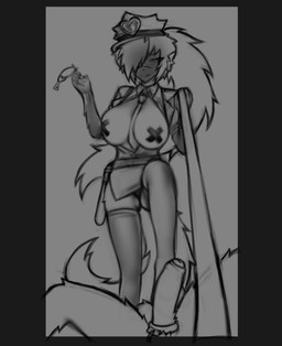 anthro balls breasts dominant dominant_female female genitals male male/female penis solo standing mega_moppa skunkun(laurence) mammal mephitid skunk absurd_res hi_res monochrome