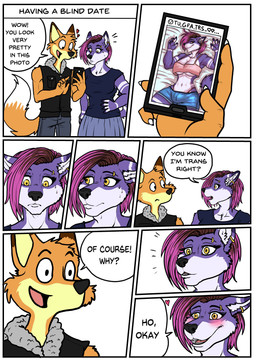 anthro blush bodily_fluids border bottomwear breasts bulge clothing date dialogue duo electronics fur gynomorph hair heart_symbol intersex male nervous orange_body orange_fur phone piercing purple_body purple_fur purple_hair shorts smile sweat text under_boob white_border yellow_eyes kobu_art foxo_(kobu_art) snow_(kobu_art) canid canine fox mammal absurd_res comic english_text hi_res trans_(lore) trans_woman_(lore)