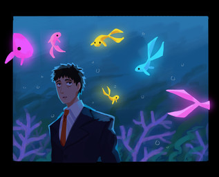 algae ambiguous_gender aquarium backlighting biped black_border black_clothing black_eyebrows black_eyes black_hair black_jacket black_suit black_topwear blue_body blue_fin blue_glow blue_tail border bubble clothed clothed_human clothed_male clothing eyebrows group hair jacket light light_body light_skin male male_human necktie purple_body purple_coral purple_fin purple_glow purple_tail red_necktie seaweed standing suit tail topwear vivarium water white_dress_shirt yellow_body yellow_fin yellow_glow yellow_tail salmonpiffy mob_psycho_100 one_(manga) the_backrooms zooliminology_project serizawa_katsuya ambient_coral ambient_sealife anthozoan cnidarian coral fish human mammal marine miish_(zooliminology) 2025 crossover digital_media_(artwork) hi_res lighting