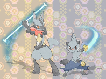 ambiguous_gender anthro attack bone bone_rush clothing duo kerchief pattern_background pokemon_move razor_shell_(move) scalchop seashell semi-anthro shell simple_background あめんぼ nintendo pokemon dewott generation_4_pokemon generation_5_pokemon lucario mammal pokemon_(species)