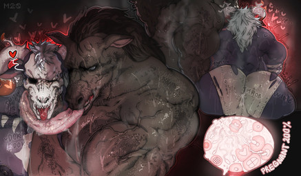 anthro black_hair bodily_fluids bone clothing cum genital_fluids grey_hair hair hand_on heart_symbol horn male muscular muscular_anthro muscular_arms muscular_male nipples pregnant pregnant_male saliva skull skull_head sperm_cell sweat torn_clothing torn_underwear underwear vein veiny_arms muranoshisoka wulfdread_(skullhimbo) demon equid equine horse mammal hi_res
