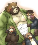 anthro belly blush brown_body brown_fur clothing eyes_closed fur group hug kemono male moobs overweight overweight_male robe scar simple_background mametanu_tanuki lifewonders tokyo_afterschool_summoners gyobu's_underlings gyobu_(tas) canid canine mammal raccoon_dog tanuki 2020 absurd_res hi_res