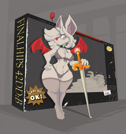 anthro bikini blush breasts clothing collar female fur grey_body grey_fur grey_hair hair holding_melee_weapon holding_object holding_sword holding_weapon legwear melee_weapon membrane_(anatomy) membranous_wings navel red_nose solo standing stockings swimwear sword text two-piece_swimsuit weapon wide_hips wings tgwonder final_fantasy square_enix mammal moogle 2026 digital_media_(artwork) english_text hi_res