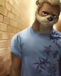 anthro black_nose blonde_hair brick_wall brown_body brown_eyes brown_fur clothed clothing facial_hair front_view fur hair looking_at_viewer male shirt short_hair solo soul_patch t-shirt topwear wall_(structure) whiskers solidasp mammal mustelid otter