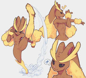 anthro big_ears black_sclera brown_body brown_fur dust dust_cloud eyebrows femboy fluffy fluffy_ear fur gender_symbol grey_background high_kick kick looking_at_viewer male male_symbol motion_lines multiple_poses muscular muscular_anthro muscular_male narrowed_eyes noticing pose pupils raised_leg red_pupils simple_background solo speech_bubble stretching symbol thick_eyebrows tuft yellow_body yellow_fur nnt nintendo pokemon generation_4_pokemon lagomorph leporid lopunny mammal pokemon_(species) rabbit hi_res
