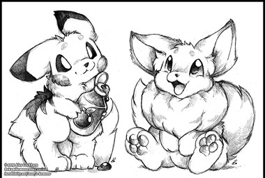 ambiguous_gender dipstick_ears duo ear_markings feral food fur holding_object ketchup ketchup_bottle multicolored_ears open_mouth pawpads sitting smile standing text o-kemono nintendo pokemon eevee generation_1_pokemon pikachu pokemon_(species) 2025 black_and_white monochrome url