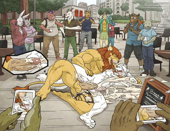 anthro anthro_on_anthro balls being_watched biceps bodily_fluids claws clothing collar cum cum_on_penis cumshot dominant dominant_male duo_focus ear_piercing ejaculation erection excessive_cum excessive_genital_fluids exhibitionism fur genital_fluids genitals group hair hands-free holding_leash holding_object horn humanoid_genitalia humanoid_penis interspecies leash leash_in_mouth looking_at_another lying male male/male messy mouth_hold muscular muscular_dom muscular_male muscular_top nipples nude object_in_mouth orgasm outside pecs penis piercing public pull_out sex submissive submissive_male text toe_claws tongue tongue_out vein wfa brocrown rougetsu avian bird bovid bovine canid canine canis caprine cattle domestic_cat domestic_dog felid feline felis goat lagomorph leporid lion mammal pantherine rabbit suid suine sus_(pig) wild_boar wolf english_text