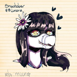 accessory anthro biped black_body black_hair female flower flower_in_hair front_view grey_body hair hair_accessory heart_symbol long_hair looking_at_viewer markings pattern_background plant sharp_teeth simple_background smile snaggle_tooth solo striped_background striped_markings stripes teeth text white_body yellow_eyes by:_muun cavemanon_studios i_wani_hug_that_gator lunara_(iwhtg) bambiraptor dinosaur dromaeosaurid prehistoric_species reptile saurischian scalie theropod 1:1 2025 absurd_res artist_name character_name headshot_portrait hi_res portrait shaded