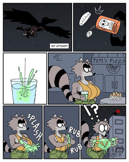 anthro assassin assassination beak big_breasts big_butt border bottomwear breasts butt claws clothing confusion crop_top denim denim_bottomwear denim_clothing female flying food glass huge_breasts jeans looking_at_hand looking_at_hands looking_down markings nachos night outside pants poison raccoon_tail shirt shocked solo stripes tail tail_markings text toe_claws topwear water white_border wings diegutan carmen_the_crow uva_the_raccoon avian bird corvid corvus_(genus) crow mammal oscine passerine procyonid raccoon 4:5 absurd_res aliasing binary_drawing comic digital_drawing_(artwork) digital_media_(artwork) english_text hi_res
