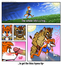 all_fours anal anal_penetration animal_genitalia animal_penis anthro athletic athletic_anthro athletic_male backpack balls blush bodily_fluids bottomless bottomless_anthro bottomless_male bottomwear canine_genitalia canine_penis clothed clothing doggystyle duo erection feet fingers from_behind_position fur genital_fluids genitals grass heart_symbol humanoid_genitalia humanoid_penis leaking_precum looking_pleasured male male/male male_penetrated male_penetrating male_penetrating_male nude open_mouth outside penetration penile penis plant precum precum_string sex shirt shorts smile sun_with_face tail text toes tongue tongue_out topwear nikraccoom canid canine canis fox hyena mammal spotted_hyena absurd_res comic digital_media_(artwork) english_text hi_res one_page_comic