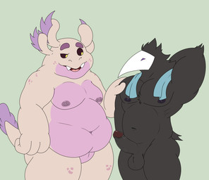 anthro balls belly black_body duo erection genitals male male/male mask moobs muscular muscular_male nipples nude overweight overweight_male pecs penis pink_body simple_background smile pondart_studios deltarune undertale_(series) bubs_(bubba) amphibian aquatic avian axolotl darkner mole_salamander salamander swatchling hi_res