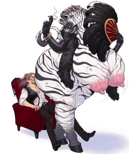 anthro areola belt big_breasts bracelet breasts cigarette dancing duo ear_piercing ear_ring feather_fan female hooves huge_breasts huge_thighs jewelry lapdance lips male nipples nude piercing ring_piercing tail thick_bottom_lip thick_thighs vein veiny_breasts weatherbane beatrix_(rexpecs) equid equine human mammal zebra absurd_res hi_res