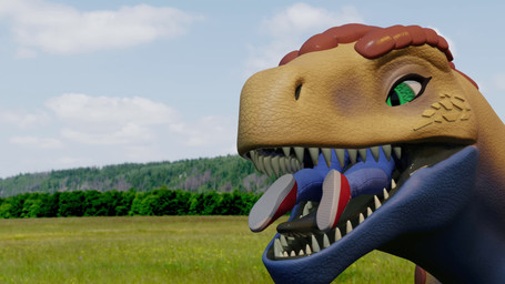 black_flesh black_tongue blue_body blue_countershading blue_sky bottomwear clothing countershading detailed_background duo eyelashes feral feral_pred footwear glowing glowing_mouth green_eyes green_glow head_first human_prey larger_pred looking_at_viewer meadow mouth_shot open_mouth oral_vore outside pants scales sharp_teeth shoes size_difference sky swallowing teeth thick_eyelashes tongue vore yellow_body yellow_scales kajar jinnoaka_(modeler) dinosaur human interceptor mammal prehistoric_species reptile saurischian scalie theropod 16:9 3d_(artwork) 3d_animation animated blender_(artwork) digital_media_(artwork) hi_res no_sound short_playtime webm widescreen