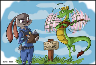 antennae_(anatomy) anthro belt belt_buckle belt_pouch blue_clothing buckle claws clipboard clothed clothed_anthro clothed_female clothing cloud duo ears_back ears_down eye_contact female flying fur grass green_body green_scales grey_body grey_fur half-closed_eyes holding_clipboard holding_lute holding_musical_instrument holding_object holding_pen horn knee_pads levitation looking_at_another lute male mouth_closed musical_instrument narrowed_eyes nude nude_anthro nude_male pen pencil_(object) pivoted_ears plant plucked_string_instrument police police_badge police_uniform scales scut_tail short_tail sign sky skyscape standing string_instrument tail tail_tuft text topwear tuft uniform vest wide_eyed wings dutch_(artist) disney mythology zootopia glitter_(glitterbug) judy_hopps dragon european_rabbit lagomorph leporid mammal mythological_creature mythological_scalie oryctolagus rabbit scalie 2022 signature