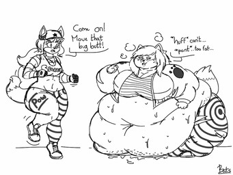 5_fingers anthro bandage belly big_belly big_breasts biped bodily_fluids bottomwear breasts cellulite cleavage clothed clothing crop_top dialogue duo excessive_sweat exclamation_point eyebrows eyelashes female fingerless_gloves fingers flabby_arms footprint footwear front_view gloves handwear hat headgear headwear huge_belly huge_hips huge_thighs hyper hyper_hips hyper_thighs jacket love_handles markings midriff morbidly_obese morbidly_obese_anthro morbidly_obese_female motion_lines narrowed_eyes navel obese obese_anthro obese_female on_one_leg open_mouth overweight overweight_anthro overweight_female pants pattern_clothing pattern_topwear pawprint print_bottomwear print_clothing print_topwear shirt shoes sneakers standing striped_clothing striped_topwear stripes sweat sweatdrop sweaty_belly tail tail_markings tail_tuft text thick_thighs three-quarter_view topwear torn_bottomwear torn_clothing tuft weight_difference wide_hips batspid2 canid canine fox mammal 2018 4:3 digital_drawing_(artwork) digital_media_(artwork) english_text full-length_portrait monochrome portrait signature sketch