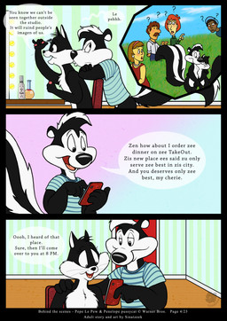 accent anthro black_body black_fur bottomless clothed clothing dialogue electronics female fur male male/female multicolored_body multicolored_fur open_mouth phone question_mark speech_bubble text tongue two_tone_body two_tone_fur white_body white_fur sinatzeek looney_tunes warner_brothers penelope_pussycat pepe_le_pew domestic_cat felid feline felis human mammal mephitid skunk striped_skunk 2015 absurd_res comic english_text hi_res