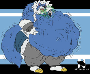 abdominal_bulge anthro belly belly_tuft big_belly blue_body blue_fur bottomwear burping burping_up_clothing clothing fangs fur huge_belly male male_pred muscular muscular_male navel open_mouth oral_vore overweight overweight_male pants same_size_vore solo struggling struggling_prey teeth tongue tongue_out tuft vore white_body white_fur zangokunatenshi capcom darkstalkers jon_talbain canid canine canis mammal wolf hi_res