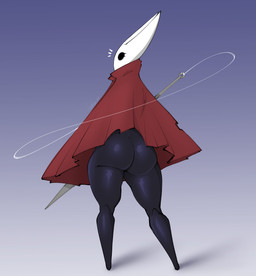 2_horns biped black_body black_eyes butt clothing eyelashes female horn looking_back melee_weapon red_clothing solo standing thread weapon def4lt hollow_knight_(franchise) team_cherry hornet_(hollow_knight) arthropod humanoid 2025 hi_res