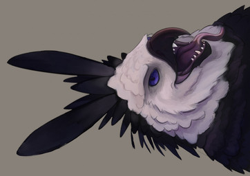 anthro beak black_body black_feathers feathers grey_background long_tongue looking_at_viewer male purple_eyes sideways simple_background solo teeth tongue tongue_out white_body white_feathers zeanlain zeanlain_(character) accipitrid accipitriform avian bird eagle harpy_eagle 2022 colored