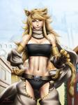 blonde_hair cat_tail clothed clothing female hair long_hair looking_at_viewer outside solo standing yellow_eyes kkr222 akame_ga_kill! leone animal_humanoid cat_humanoid domestic_cat felid felid_humanoid feline feline_humanoid felis humanoid mammal mammal_humanoid 3:4