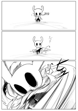 3_panel_comic ambiguous_gender biped black_text border bowing cloak clothed clothing holding_melee_weapon holding_object holding_weapon hollow_eyes melee_weapon motion_lines nail_(weapon) solo sound_effects standing text weapon weapon_on_back white_border tesso_no_ori hollow_knight_(franchise) team_cherry the_knight_(hollow_knight) arthropod vessel_(species) 2020 absurd_res comic english_text first_page hi_res japanese_text monochrome translated