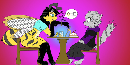 ambiguous_gender anthro audible_swallowing beetricia black_body black_fur chair clothed clothing duo feet food food_fetish fur furniture gesture grey_body grey_fur hair half-closed_eyes honey_(food) jewelry love midriff narrowed_eyes nervous pantsless shocked side_view sitting speech_bubble suggestive suggestive_food suggestive_gesture surprised table tail tense wings yellow_body yellow_fur kio_kasteyoto alma_the_snow_fox arctic_fox arthropod bee canid canine fox hymenopteran insect mammal true_fox hi_res