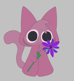 :3 cloak clothed clothing flower grey_background holding_flower holding_object holidays looking_at_viewer male pink_body pink_clothing pink_sclera plant silly simple_background solo tail gooblie_2 valentine's_day isaac_(gooblie_ii) domestic_cat felid feline felis mammal absurd_res hi_res