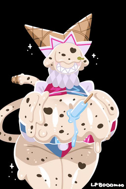 anthro breasts cleavage clothed clothing female food food_fetish food_play hat headgear headwear ice_cream_cone inbetween_tits jester leotard sharp_teeth smile solo teeth white_body lp8000mao food_creature ice_cream_creature animated hi_res no_sound short_playtime video