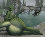 2022 anthro antira anus argonian bethesda_softworks big_butt breasts butt countershading detailed_background digital_media_(artwork) feet female female_anthro genitals hi_res holding_breast humanoid_feet looking_at_viewer nipples non-mammal_breasts non-mammal_nipples nude outdoor_nudity outside plantigrade pussy scalie solo the_elder_scrolls toes
