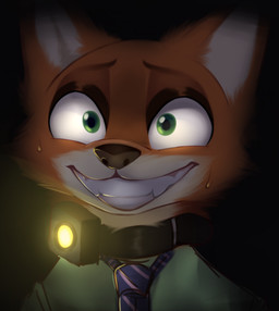 anthro black_nose bodily_fluids clothed clothing collar dark fur green_eyes necktie nervous orange_body orange_fur shirt shock_collar solo sweat sweatdrop teeth topwear bowbowbowie disney zistopia zootopia nick_wilde canid canine fox mammal red_fox true_fox 2018 absurd_res bust_portrait hi_res portrait