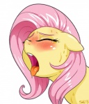 2015 blush bodily_fluids equid equine eyes_closed female feral fluttershy_(mlp) friendship_is_magic hair hasbro horse long_hair mammal my_little_pony open_mouth oral_invitation pink_hair pony simple_background solo sorc sweat tongue tongue_out white_background