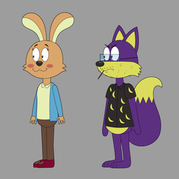 alternate_species anthro barefoot black_nose blush blush_stickers bottomless bottomless_anthro bottomless_male brown_body brown_fur clothed clothed_anthro clothed_female clothing dipstick_tail duo eyewear feet female female_anthro fur furrification glasses grey_background male male_anthro markings mouth_hold parody purple_body purple_fur rectangular_glasses shirt shirt_only simple_background stubble tail tail_markings toes toothpick topwear topwear_only wearing_glasses yellow_body yellow_fur winter_grimwell jabroni_mike the_rodfellows_movie mike_(jabroni_mike) canid canine fox lagomorph leporid mammal rabbit 1:1 2026 digital_media_(artwork) flat_colors full-length_portrait hi_res portrait
