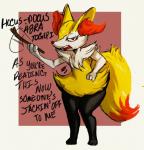 anthro dialogue female inner_ear_fluff looking_at_viewer simple_background solo standing stick talking_to_viewer text tuft redfred nintendo pokemon braixen canid canine generation_6_pokemon mammal pokemon_(species) english_text hi_res