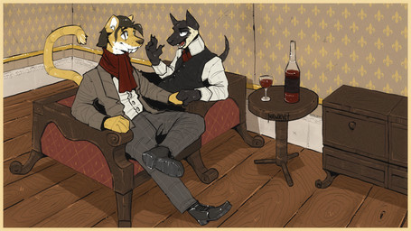 alcohol anthro beverage container cup dialogue drinking_glass duo fangs furniture glass glass_container glass_cup hand_holding looking_at_another male male/male on_sofa sabertooth_(anatomy) sitting sitting_on_another sitting_on_sofa smile smiling_at_another sofa table tail teeth teeth_showing wine wine_bottle wine_glass mawkvlt canid canine canis domestic_dog felid mammal prehistoric_species saber-toothed_tiger 16:9 4k absurd_res hi_res widescreen