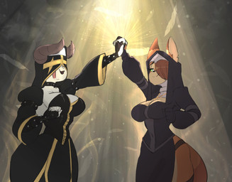 abstract_background anthro armwear big_breasts black_lips black_nails border breasts brown_hair cleavage clothed clothing collar colored_nails corset cross cross_necklace duo elbow_gloves feathers female fingerless_gloves fully_clothed gloves green_eyes habit hair hand_holding handwear horn jewelry lingerie lips lipstick makeup nails necklace notched_ear nun one_eye_obstructed scar short_hair side_boob slit_dress smile speech_bubble topwear veil skecchiart alma_(skecchiart) roxanne_(spikedmauler) bovid canid canine caprine fox mammal 2020 hi_res