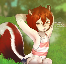 anthro bodily_fluids bottomwear brown_eyes clothing female flat_chested grass hair hands_behind_head markings mole_(marking) musk musky_armpit outside plant red_hair shirt shorts solo speech_bubble sweat sweatdrop tank_top topwear nayanabo juno_(nayanabo) hybrid mammal mephitid skunk hi_res