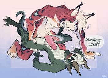 2_horns 3_toes 5_fingers anthro anus arch_position arm_tuft athletic athletic_male big_penis black_body black_fur black_nose blue_body blue_eyes blue_fur blush blush_lines bodily_fluids butt cheek_tuft claws clenched_teeth countershade_butt countershade_face countershade_inner_ear countershade_legs countershade_thighs countershade_torso countershading crotch_tuft cum dialogue digitigrade dominant dominant_male duo elbow_tuft erection facial_tuft feet finger_claws fingers from_front_position fur genital_fluids genitals geometric_background glans gradient_background grey_body grey_scales hair horn humanoid_genitalia humanoid_penis imminent_sex inner_ear_fluff larger_dom larger_male leaking_cum leaking_precum leg_grab long_tail looking_at_another looking_at_partner male male/male markings maroon_fur multicolored_body multicolored_fur multicolored_scales navel nude_anthro nude_male orange_eyes penile penis penis_size_difference penises_touching pink_penis precum scales seductive sex simple_background size_difference smaller_male smile sparkles speech_bubble spots spotted_markings submissive submissive_male surprised sweat_emanata tail teeth text thigh_grab throbbing throbbing_penis toes tremble_lines tuft two_tone_body two_tone_scales whisker_spots white_body white_countershading white_fur white_hair white_scales strayserval mythology aster_(notsafeforhoofs) kale_(skaletail) dragon felid feline lynx mammal mythological_creature mythological_scalie scalie 2026 absurd_res artist_name digital_drawing_(artwork) digital_media_(artwork) english_text hi_res
