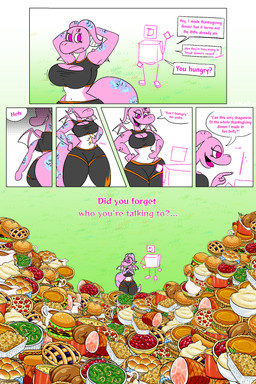 3_eyes anthro big_breasts black_clothing breasts clothing dialogue duo feederism female food green_background huge_breasts multi_eye navel non-mammal_breasts non-mammal_navel pink_body simple_background speech_bubble text thick_thighs wide_hips blahblah866 mythology dragon mythological_creature mythological_scalie scalie 2021 2:3 absurd_res comic english_text hi_res