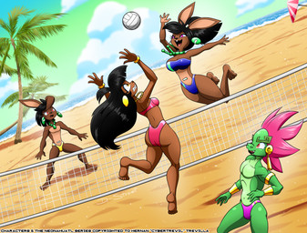 5_fingers 5_toes anthro ball barefoot beach bikini bikini_bottom bikini_top black_hair black_nose breasts brown_body brown_fur butt clothed clothed_anthro clothed_female clothed_male clothing feathers feet female fingers fur green_body green_scales group hair humanoid_feet humanoid_hands husband_and_wife jewelry male married_couple necklace net pink_hair plantigrade scales speedo sport swimwear text toes topless topless_anthro topless_male two-piece_swimsuit volleyball volleyball_(ball) volleyball_net d-stro neonahuatl junqu_byte ketzkoatl mixbal_byte xauhqui_coyotl canid canine canis couatl domestic_dog feathered_scalie feathered_snake lagomorph leporid mammal rabbit reptile scalie snake english_text hi_res