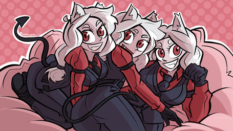 5_fingers all_fours breasts butt clothing female fingers formal_wear gloves group hair handwear humanoid_hands looking_at_viewer lying necktie on_back red_eyes simple_background smile topwear vest white_hair capaoculta helltaker cerberus_(helltaker) animal_humanoid canid canid_humanoid canine canine_humanoid dog_humanoid humanoid mammal mammal_humanoid 2020 absurd_res digital_media_(artwork) hi_res shaded signature