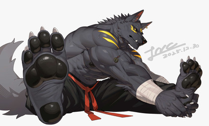 4_toes abs anthro barazoku black_bottomwear black_clothing black_nipples black_pants black_pawpads black_sclera bodily_fluids bottomwear claws clothed clothing deltoids facial_markings feet forehead_markings fur grey_body grey_fur head_markings jewelry male markings muscular muscular_anthro muscular_male necklace nipples pants pawpads pecs red_sash simple_background solo stretching sweat tail toe_claws toes topless triceps underpaw vein veiny_muscles white_background wraps wrist_wraps yellow_eyes yellow_markings forgetch canid canine canis mammal wolf 2025 dated hi_res signature