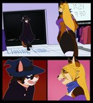 anthro blonde_hair boots cape cloak clothing dreadlocks dress fangs female footwear hair hat headgear headwear hero legwear magic_user male mask scarf shoes smile stockings superhero taller_partner teeth trevhart alicia_young trevon domestic_cat felid feline felis mammal comic hi_res