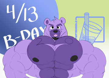 abs animated_gif anthro biceps big_muscles big_pecs birthday bouncing_pecs eyewear fur glasses growth male muscle_growth muscular muscular_anthro muscular_male pec_bounce pec_flexing pecs purple_body purple_fur smug_face smug_grin solo text triceps tuftbubble tuft_(tuftbubble) bear mammal 2022 2d_animation animated english_text hi_res short_playtime watermark